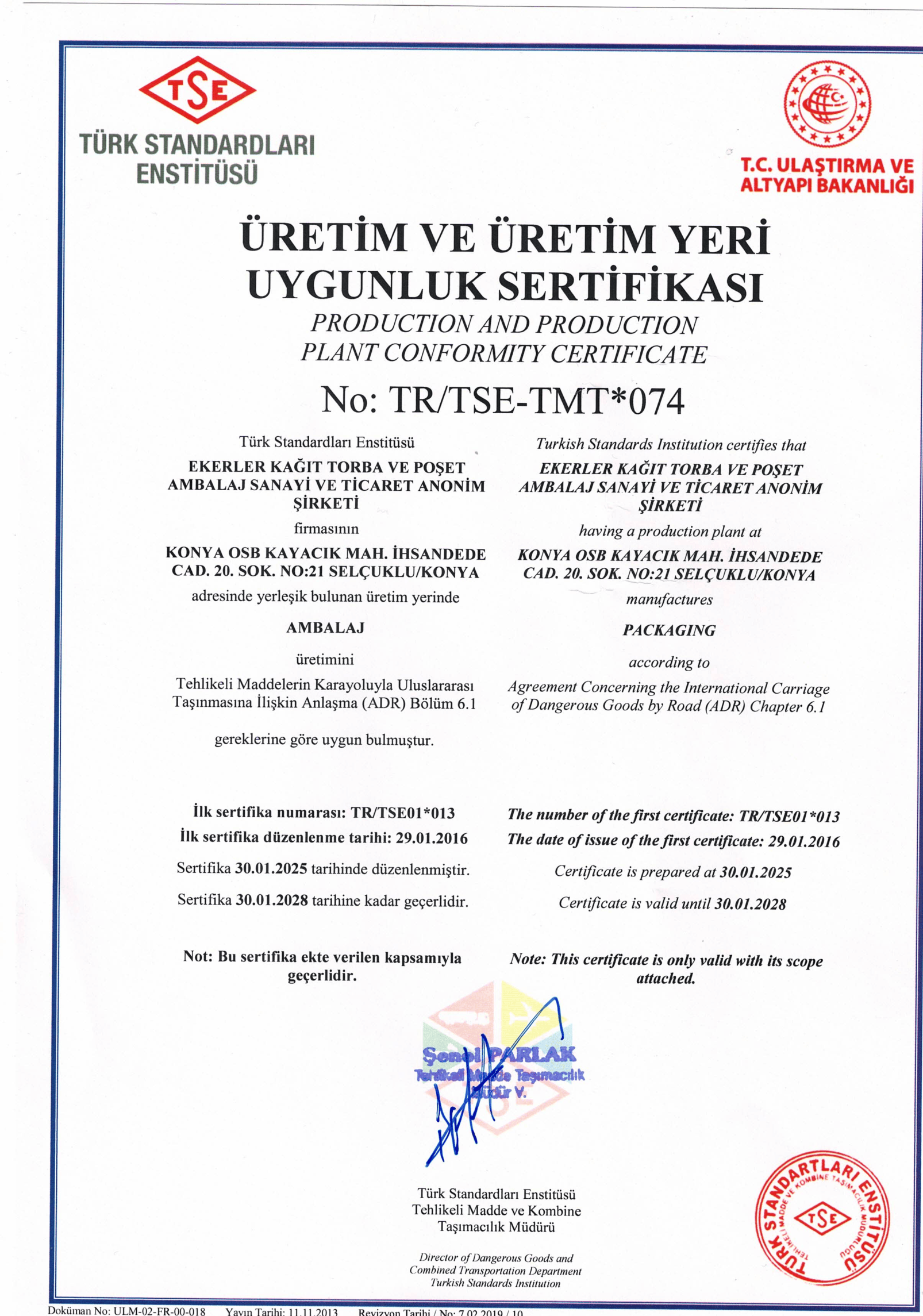 Üretim ve Üretim Yeri Uygunluk Sertifikası