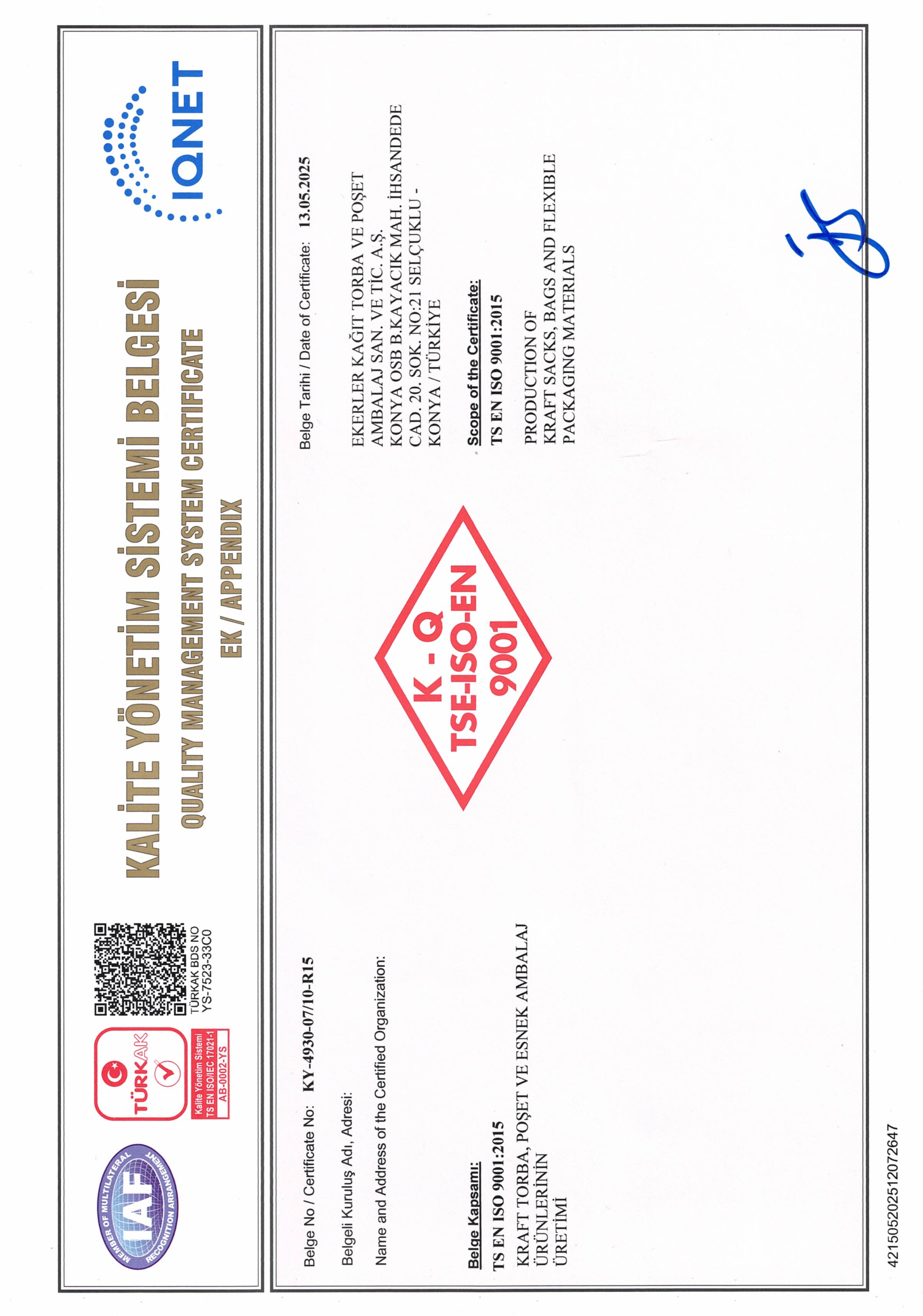 ISO 9001:2015 Kalite Yönetim Sistemi Sertifikası
