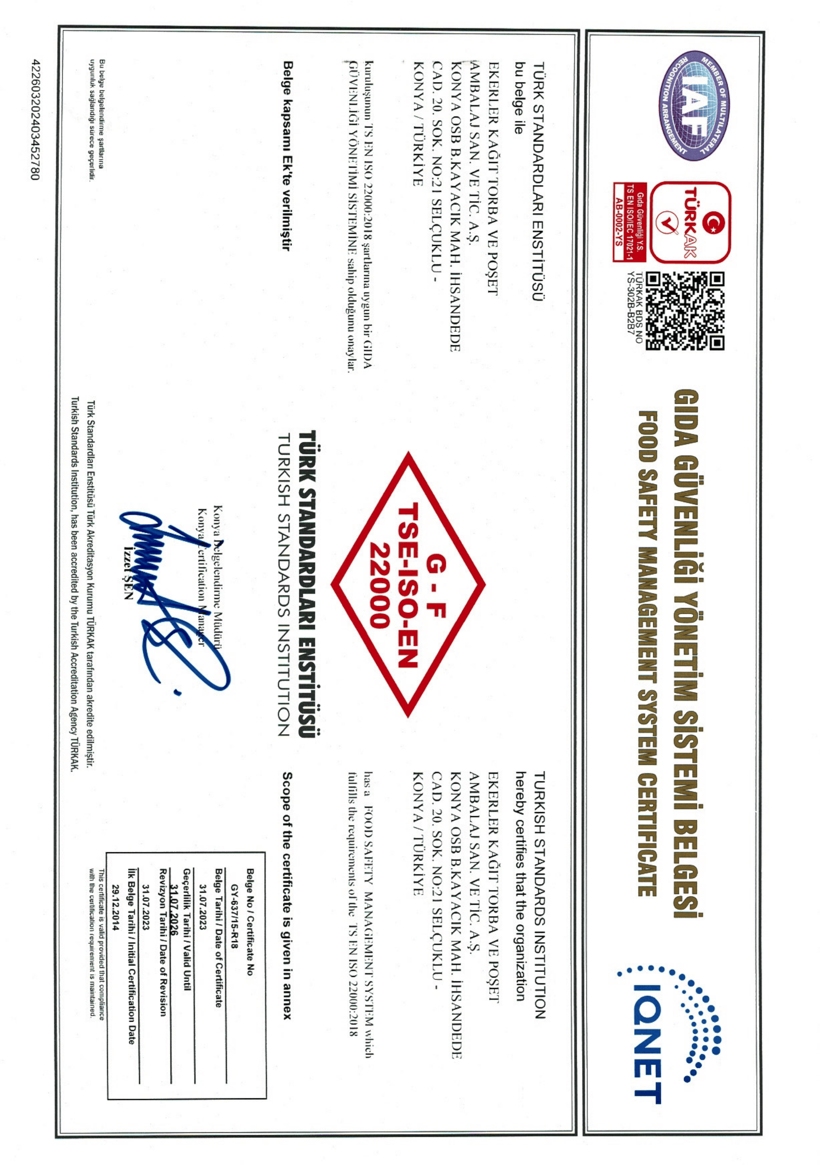 ISO 22000 Gıda Güvenliği Yönetim Sistemi Sertifikası