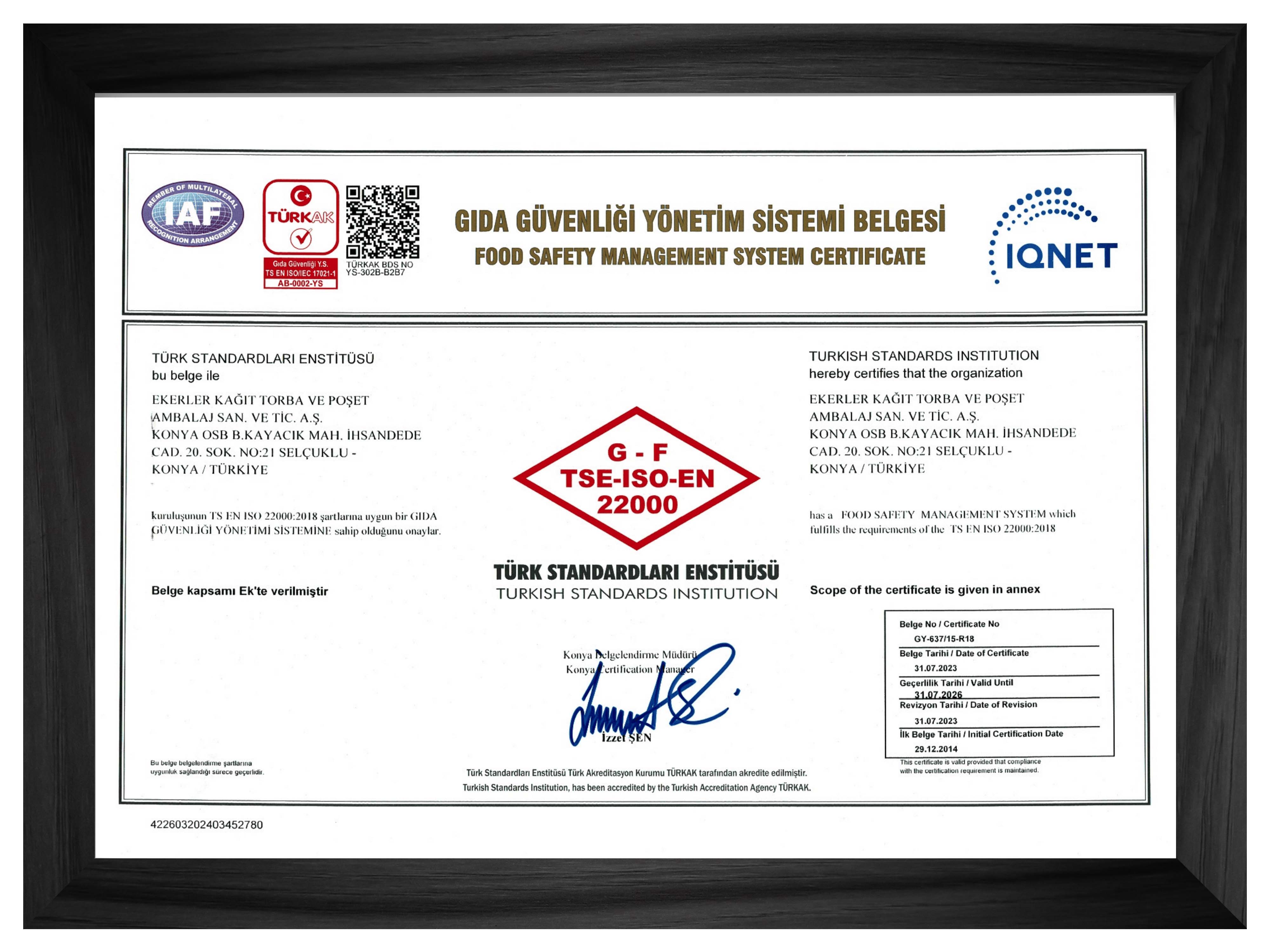 ISO 22000 Gıda Güvenliği Yönetim Sistemi Sertifikası