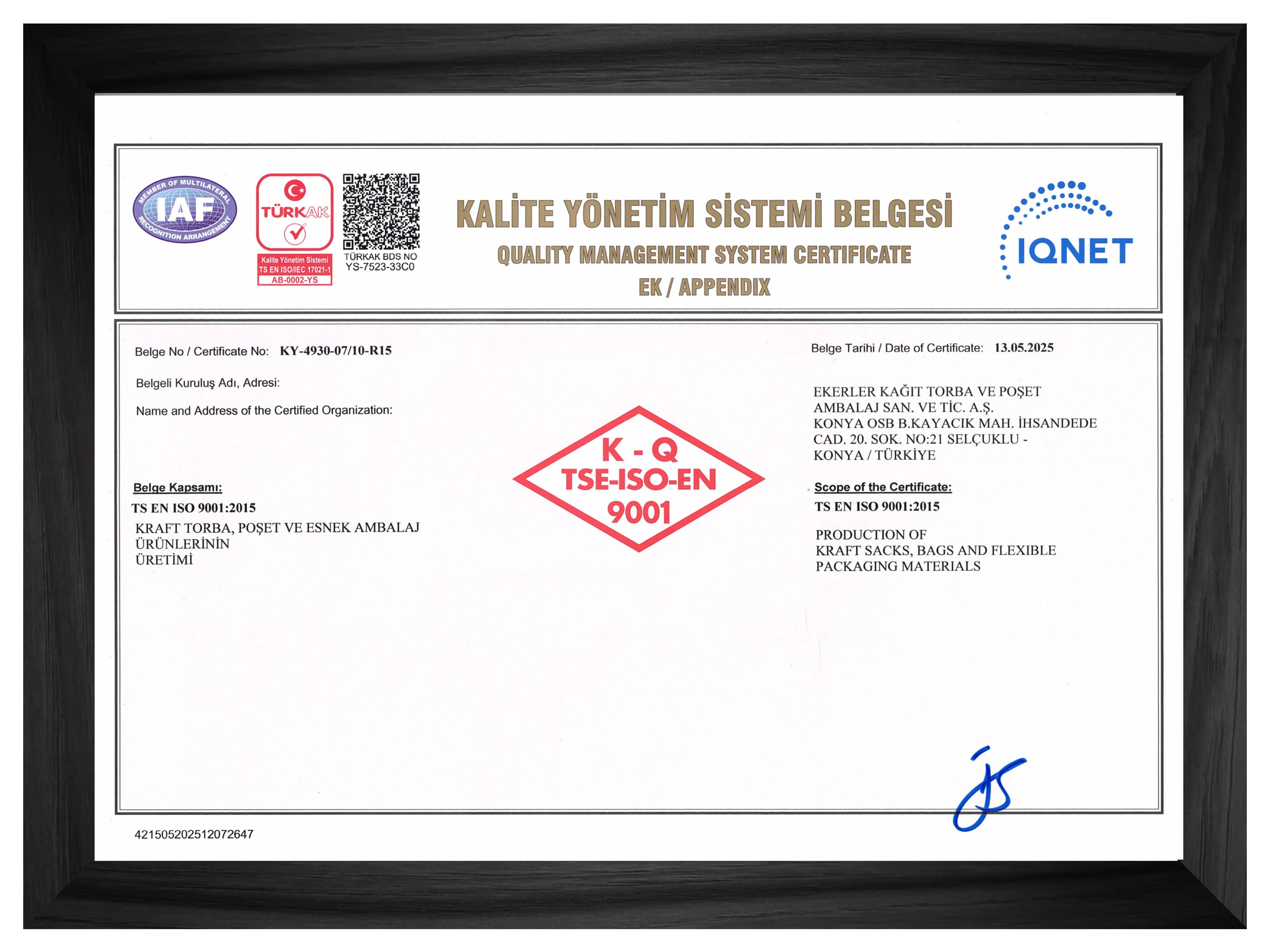 ISO 9001:2015 Kalite Yönetim Sistemi Sertifikası